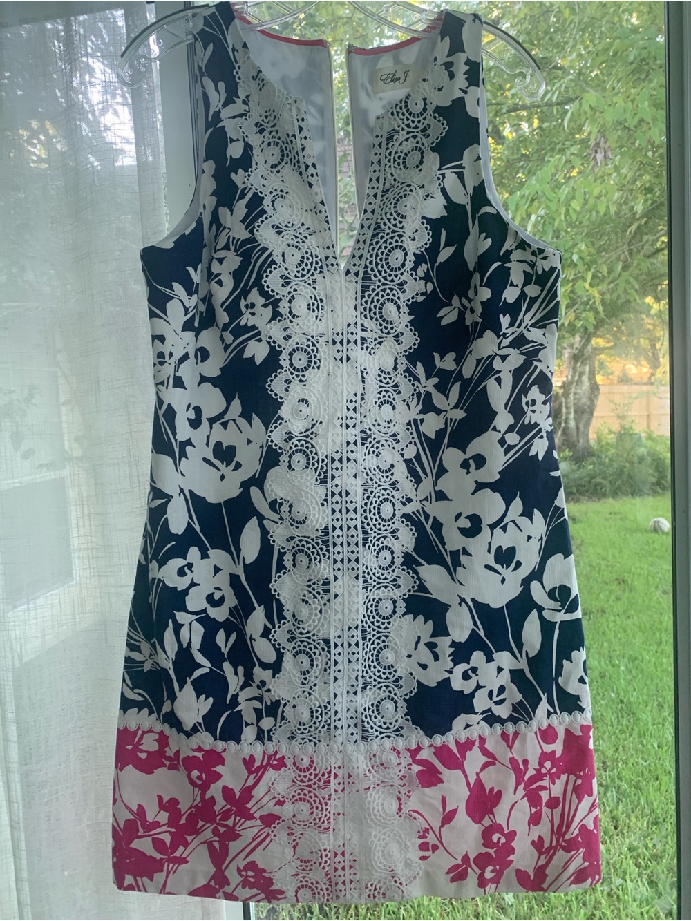 Eliza J Navy, White & Pink Floral Asymmetrical Shift Dress
